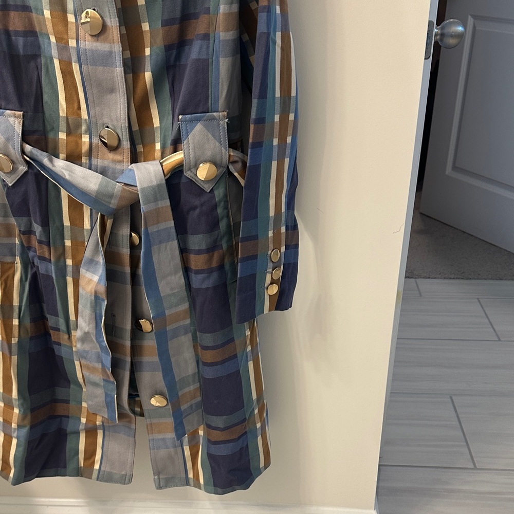 CAbi Blue and Brown Plaid Trench Coat - Picture 2 of 4